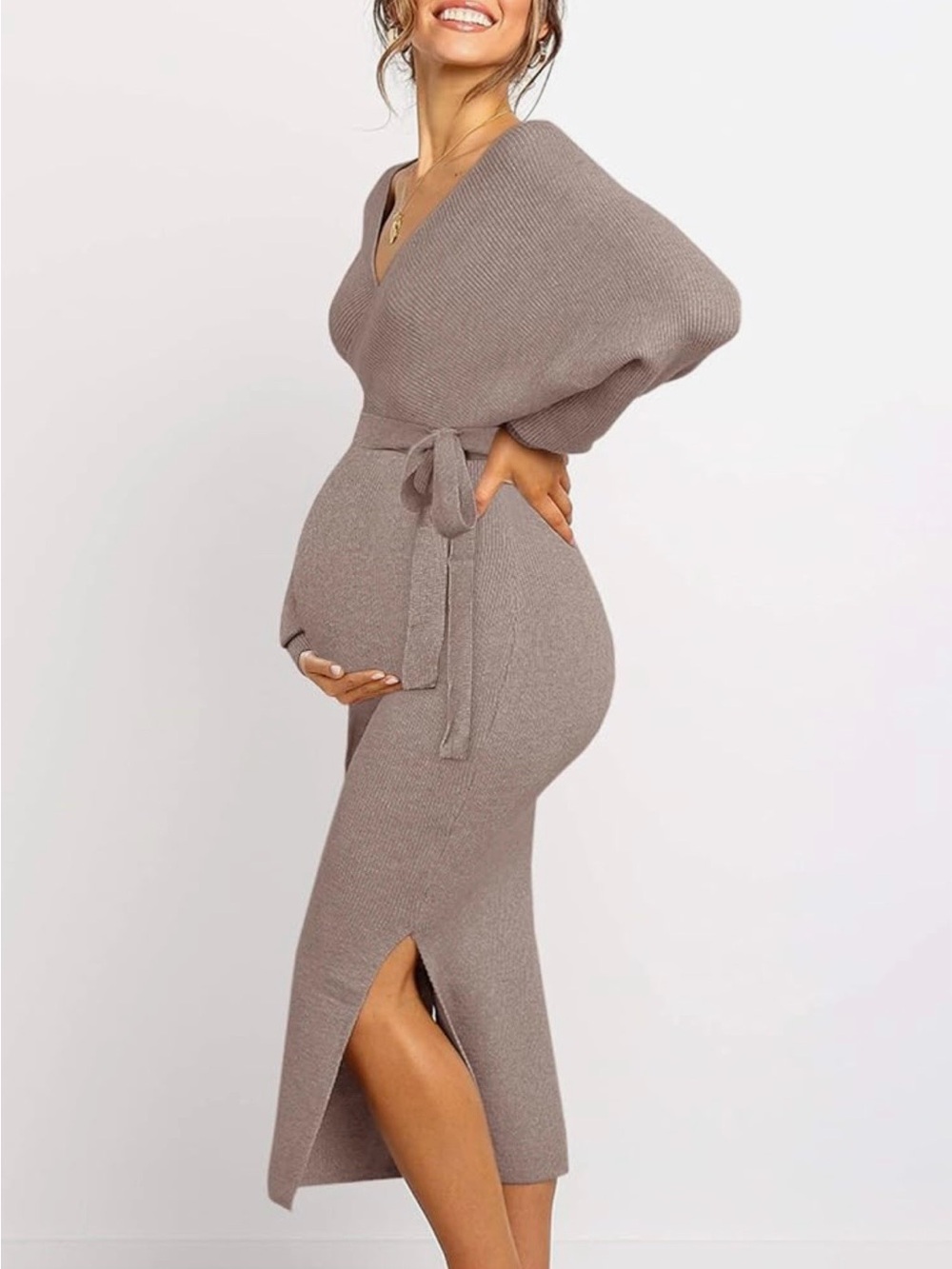 🤰🏼 Maternity Wrap Knit Midi Dress - Taupe Coffee Brown